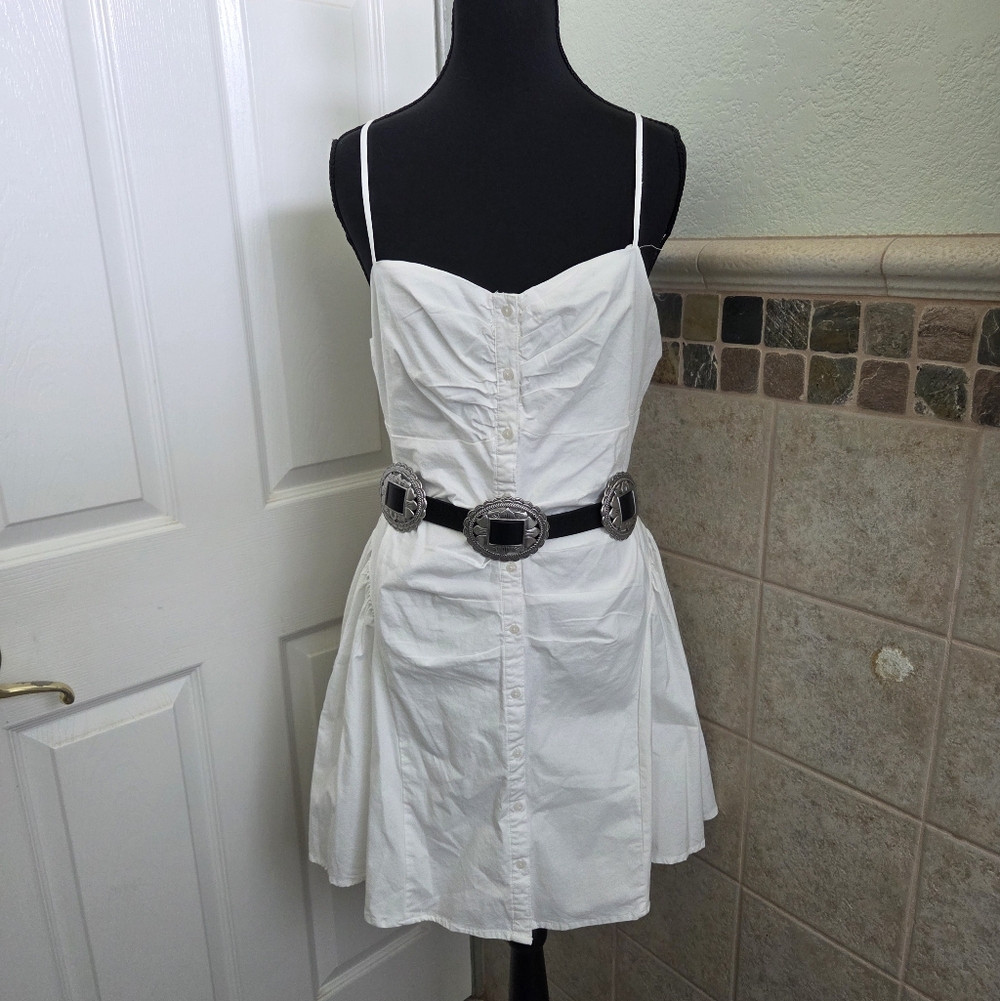 White Button-Front Mini Dress with Spaghetti Straps Western Festival Rodeo Lg.